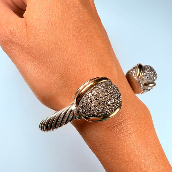 14K Gold Renaissance Cubic Zirconia Cable Cuff Sterling Silver 925 Bracelet - Picture 9 of 12